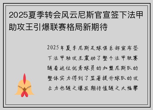 2025夏季转会风云尼斯官宣签下法甲助攻王引爆联赛格局新期待 2025夏季转会风云尼斯官宣签下法甲助攻王引爆联赛格局新期待