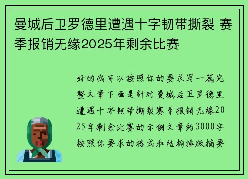 曼城后卫罗德里遭遇十字韧带撕裂 赛季报销无缘2025年剩余比赛