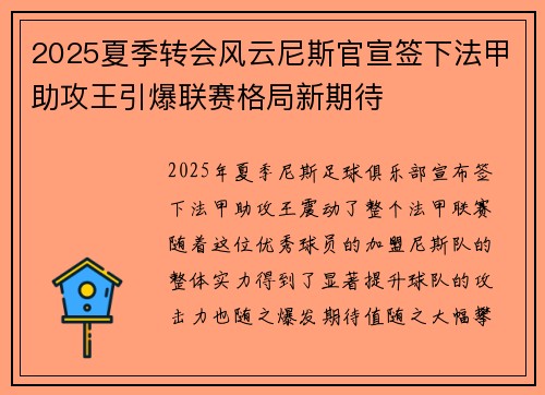 2025夏季转会风云尼斯官宣签下法甲助攻王引爆联赛格局新期待 2025夏季转会风云尼斯官宣签下法甲助攻王引爆联赛格局新期待